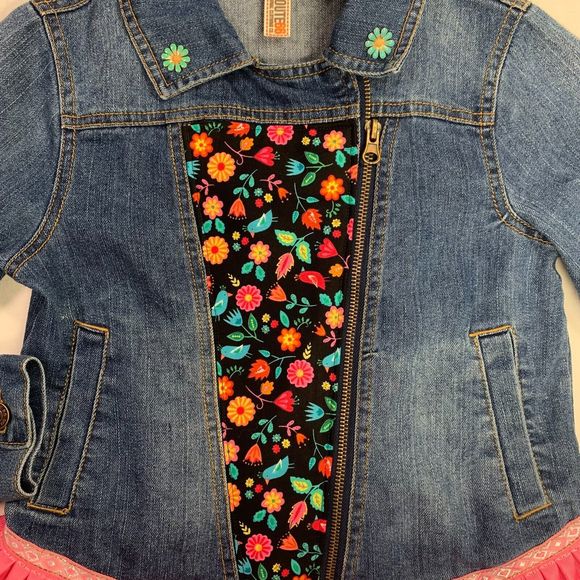 Route 66 Denim Jacket Jean Floral Blue Black Pink Ruffle Metallic Boho Large - Picture 7 of 16